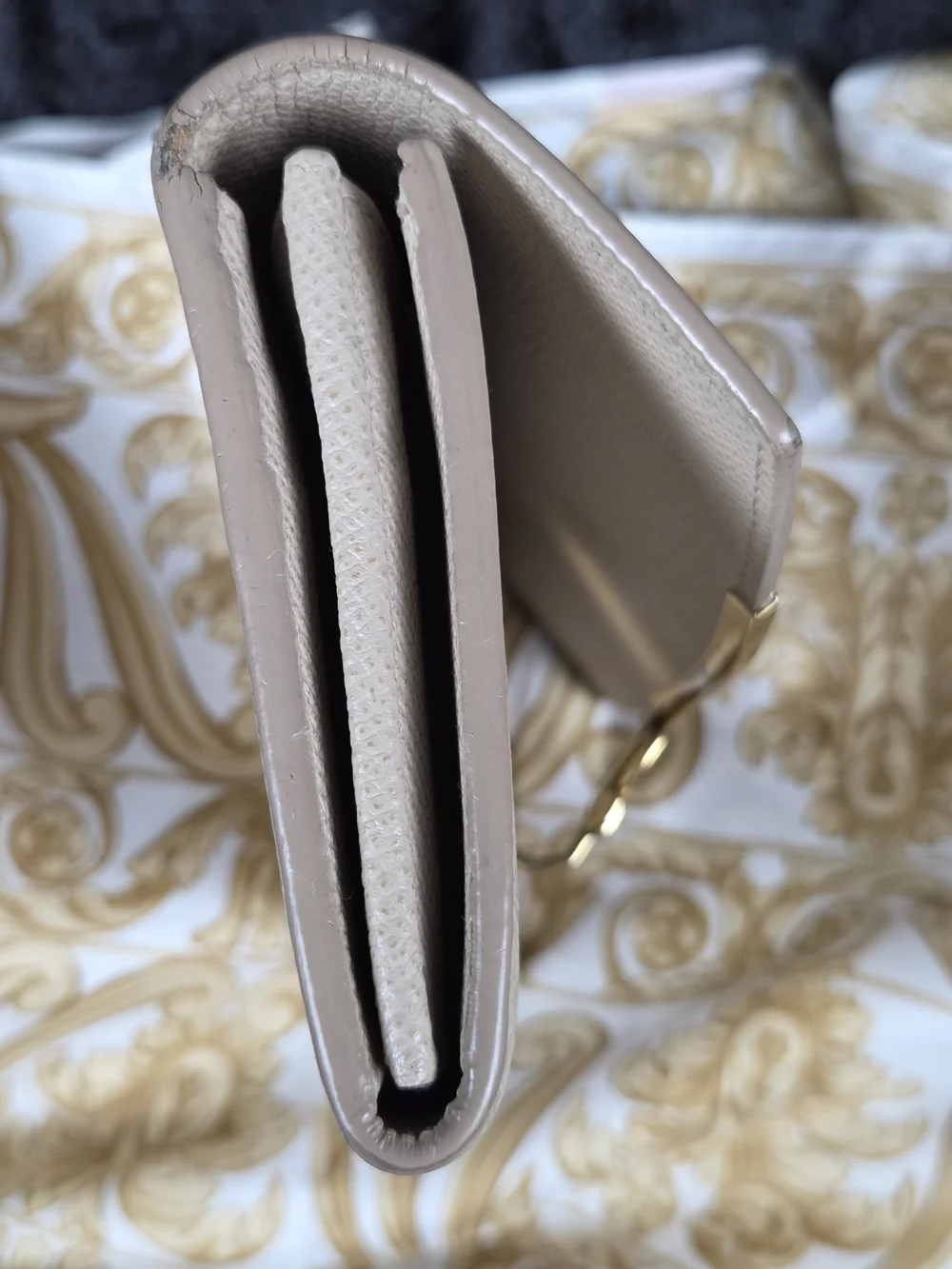 Salvatore Ferragamo Beige Leather Chain Clutch with Gold Hardware
